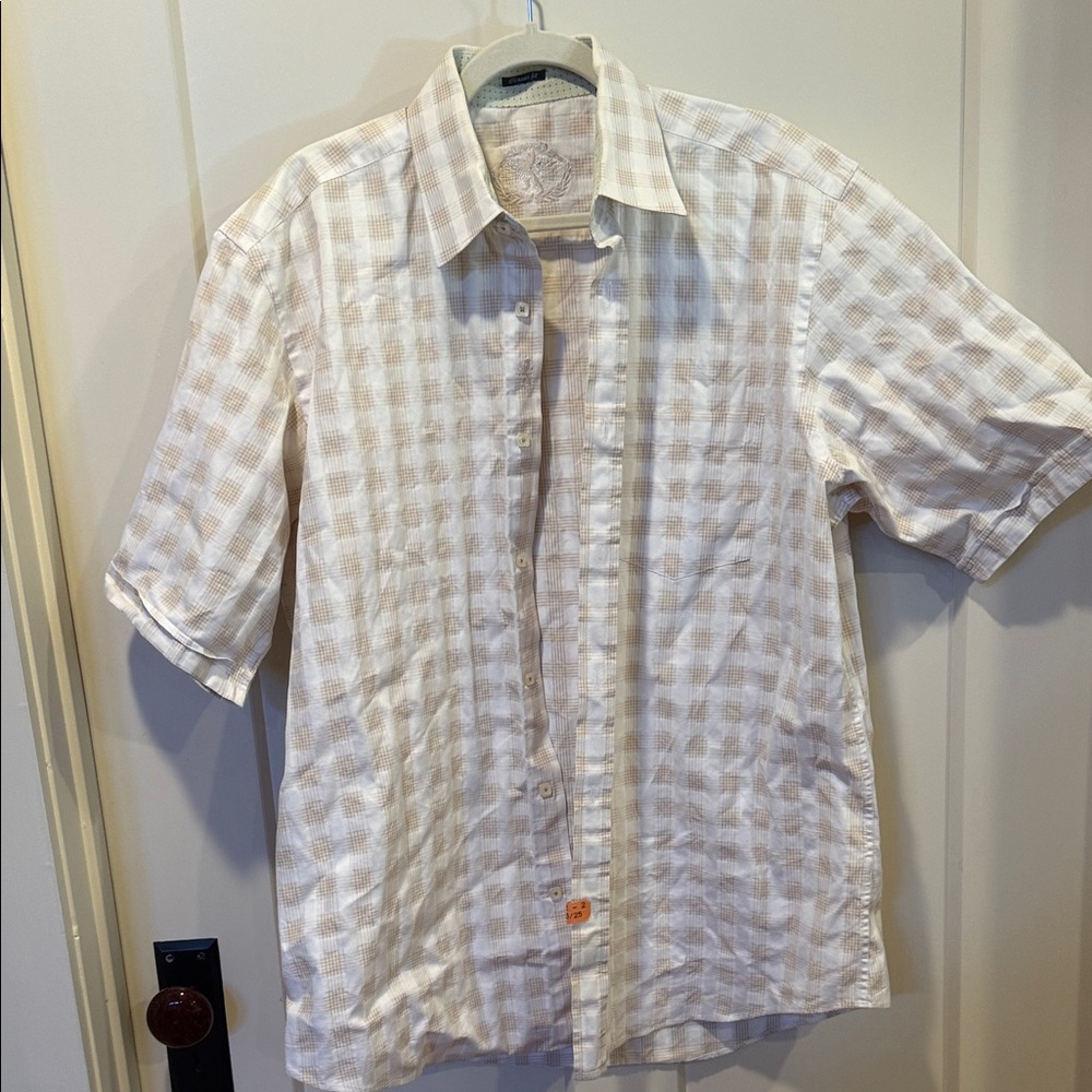 Bugatchi Beige Plaid Short Sleeve Shirt